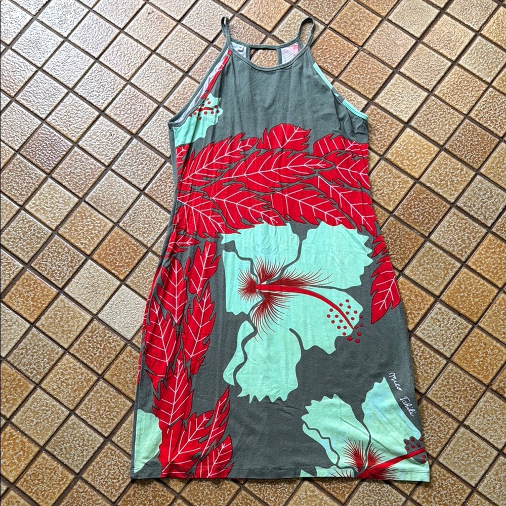 Sleeveless Tropical Print Dress in Teal & Red
